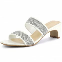 Allegra K Women's Rhinestone Square Toe Block Heel Slide Sandals Shoes