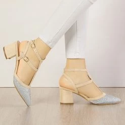 Allegra K Women's Glitter Pointed Toe Block Heel Slingback Pumps Shoes