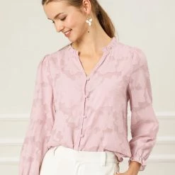 Allegra K Women's V Neck Ruffle Neckline Floral Top Blouse