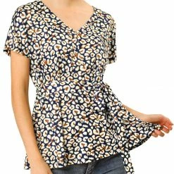 Allegra K Women's Leopard V Neck Tie Waist Raglan Sleeves Loose Blouse Tops