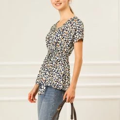 Allegra K Women's Leopard V Neck Tie Waist Raglan Sleeves Loose Blouse Tops