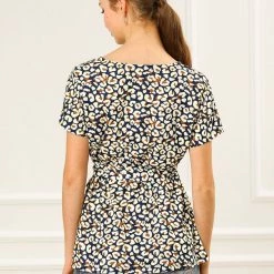 Allegra K Women's Leopard V Neck Tie Waist Raglan Sleeves Loose Blouse Tops