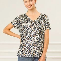 Allegra K Women's Leopard V Neck Tie Waist Raglan Sleeves Loose Blouse Tops