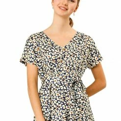 Allegra K Women's Leopard V Neck Tie Waist Raglan Sleeves Loose Blouse Tops