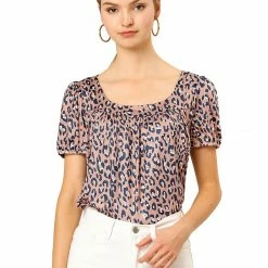 Allegra K Women's Animal Print Top Short Sleeve Pleated U-neck Knit Leopard T-shirt