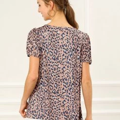 Allegra K Women's Animal Print Top Short Sleeve Pleated U-neck Knit Leopard T-shirt