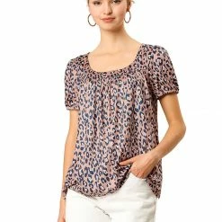 Allegra K Women's Animal Print Top Short Sleeve Pleated U-neck Knit Leopard T-shirt