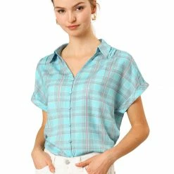 Allegra K Women's Plaid Check Button Down Shirt Short Sleeve Summer Workwear Top Blouse
