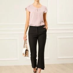 Allegra K Women's Short Sleeve Pleated Front Office Round Neck Chiffon Keyhole Tops