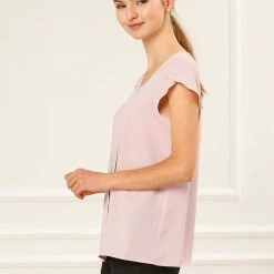 Allegra K Women's Short Sleeve Pleated Front Office Round Neck Chiffon Keyhole Tops