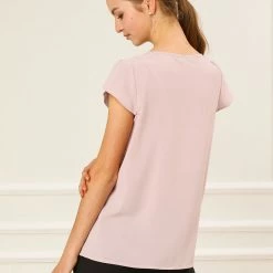 Allegra K Women's Short Sleeve Pleated Front Office Round Neck Chiffon Keyhole Tops