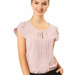 Allegra K Women's Short Sleeve Pleated Front Office Round Neck Chiffon Keyhole Tops
