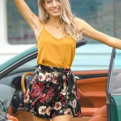 Allegra K Women's High Tie Elastic Waist Ruffle A-Line Floral Culottes Shorts