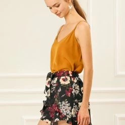 Allegra K Women's High Tie Elastic Waist Ruffle A-Line Floral Culottes Shorts