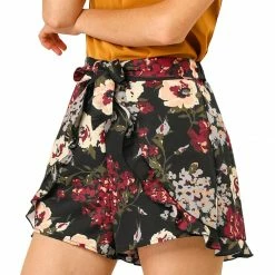 Allegra K Women's High Tie Elastic Waist Ruffle A-Line Floral Culottes Shorts