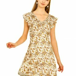 Allegra K Women's Cute Floral Print Ruffled Sleeve V-Neck A-Line Casual Mini Dress