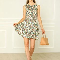 Allegra K Women's Floral Print Sleeveless Smock Layered Ruffle Hem Dress