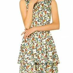 Allegra K Women's Floral Print Sleeveless Smock Layered Ruffle Hem Dress