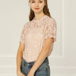Allegra K Women's Puff Short Sleeve Ruffle Neck See-Through Floral Lace Top