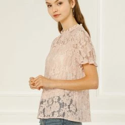 Allegra K Women's Puff Short Sleeve Ruffle Neck See-Through Floral Lace Top