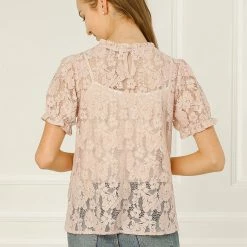Allegra K Women's Puff Short Sleeve Ruffle Neck See-Through Floral Lace Top