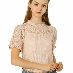 Allegra K Women's Puff Short Sleeve Ruffle Neck See-Through Floral Lace Top