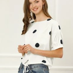 Allegra K Women's Half Sleeve Drawstring Hem Blouse Boat Neck Loose Polka Dots Tops 11 Allegra K Women's Half Sleeve Drawstring Hem Blouse Boat Neck Loose Polka Dots Tops