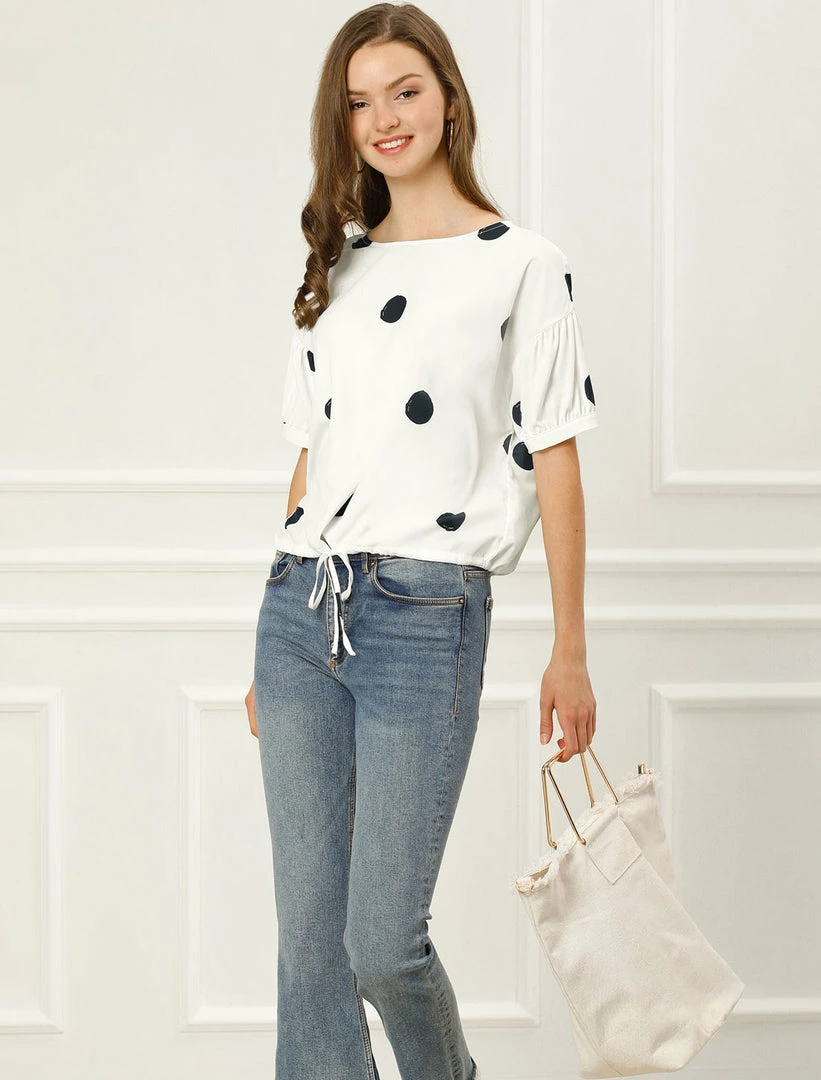Allegra K Women's Half Sleeve Drawstring Hem Blouse Boat Neck Loose Polka Dots Tops 6 Allegra K Women's Half Sleeve Drawstring Hem Blouse Boat Neck Loose Polka Dots Tops