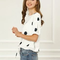 Allegra K Women's Half Sleeve Drawstring Hem Blouse Boat Neck Loose Polka Dots Tops 13 Allegra K Women's Half Sleeve Drawstring Hem Blouse Boat Neck Loose Polka Dots Tops