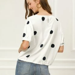 Allegra K Women's Half Sleeve Drawstring Hem Blouse Boat Neck Loose Polka Dots Tops 14 Allegra K Women's Half Sleeve Drawstring Hem Blouse Boat Neck Loose Polka Dots Tops