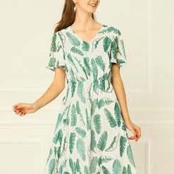 Allegra K Women's Flutter Sleeve V Neck Belted Chiffon Leaf Prints Dress 30 Allegra K Women's Flutter Sleeve V Neck Belted Chiffon Leaf Prints Dress