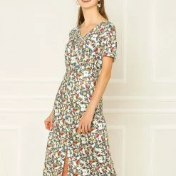 Allegra K Women's Spring Floral Print Dress V-neck Short Sleeves Casual Elegant Midi Dresses