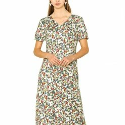 Allegra K Women's Spring Floral Print Dress V-neck Short Sleeves Casual Elegant Midi Dresses