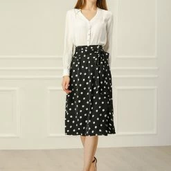 Allegra K Women's Retro Polka Dots Tie Waist Split Midi Skirt