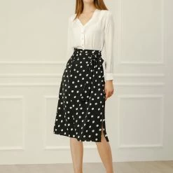 Allegra K Women's Retro Polka Dots Tie Waist Split Midi Skirt