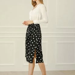 Allegra K Women's Retro Polka Dots Tie Waist Split Midi Skirt
