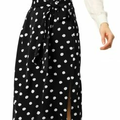 Allegra K Women's Retro Polka Dots Tie Waist Split Midi Skirt