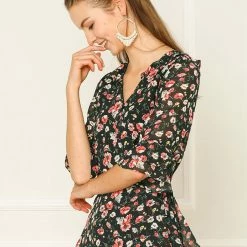 Allegra K Women's Floral Print Ruffle Cuff Self Tie V Neck Wrap Chiffon Top Shirt