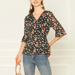 Allegra K Women's Floral Print Ruffle Cuff Self Tie V Neck Wrap Chiffon Top Shirt