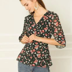 Allegra K Women's Floral Print Ruffle Cuff Self Tie V Neck Wrap Chiffon Top Shirt