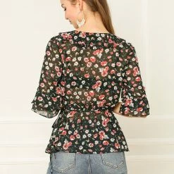 Allegra K Women's Floral Print Ruffle Cuff Self Tie V Neck Wrap Chiffon Top Shirt