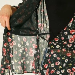 Allegra K Women's Floral Print Ruffle Cuff Self Tie V Neck Wrap Chiffon Top Shirt