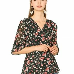 Allegra K Women's Floral Print Ruffle Cuff Self Tie V Neck Wrap Chiffon Top Shirt