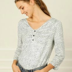 Allegra K Women's 3/4 Sleeves Printed V Neck Ruched Top