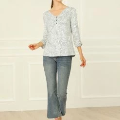 Allegra K Women's 3/4 Sleeves Printed V Neck Ruched Top