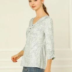 Allegra K Women's 3/4 Sleeves Printed V Neck Ruched Top