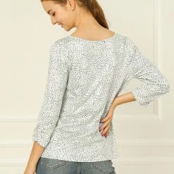 Allegra K Women's 3/4 Sleeves Printed V Neck Ruched Top