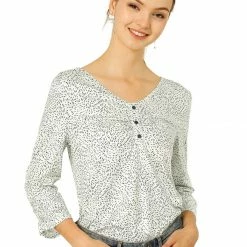 Allegra K Women's 3/4 Sleeves Printed V Neck Ruched Top