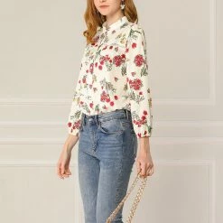 Allegra K Women's Button Down Bracelet Sleeves Stand Collar Floral Blouse Shirt
