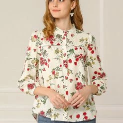 Allegra K Women's Button Down Bracelet Sleeves Stand Collar Floral Blouse Shirt